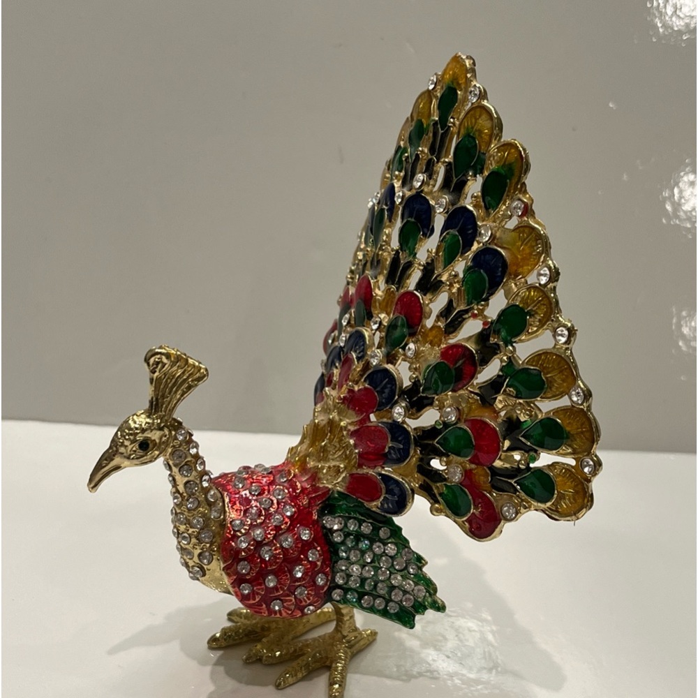 PEACOCK Trinket Box Bejewelled With White Stones Gold Enamel With Multi Colors.
